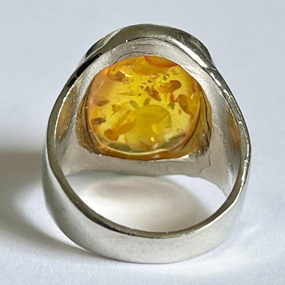 Vintage Honey Amber Cocktail Ring Size 8 Yellow Simulated Acrylic Silver Plated - Picture 4 of 11